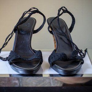 Cole Hann Black Crochet Cork Ankle Strap Sandal